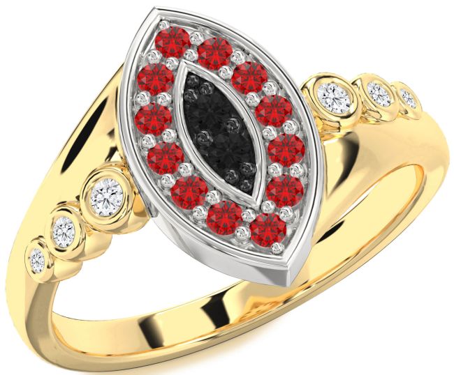 Black Diamond & Ruby Gold Silver Evil Eye Ring