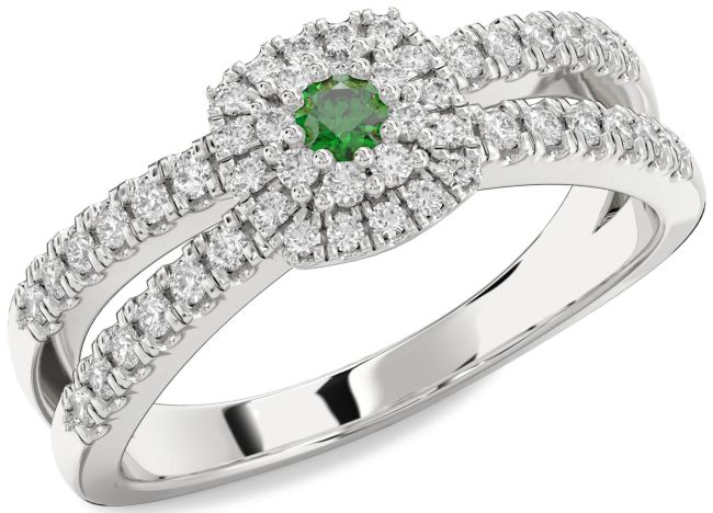 Diamond Emerald Silver Halo Round Promise Ring