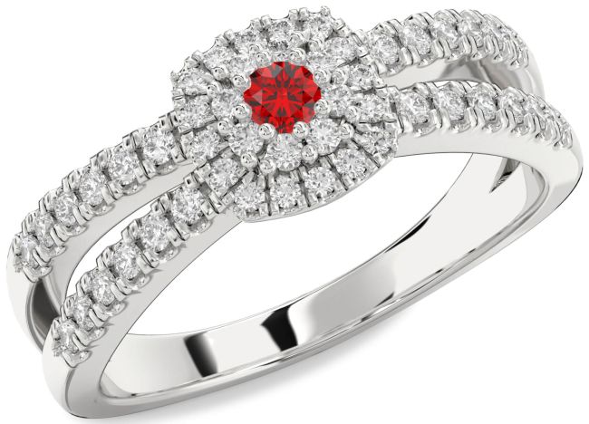 Diamond Ruby Silver Halo Round Promise Ring
