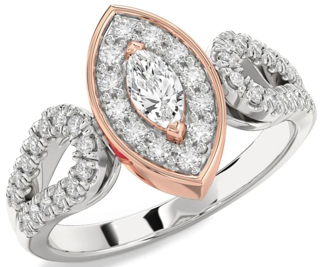 Diamond Rose Gold Silver Halo Marquise Promise Ring