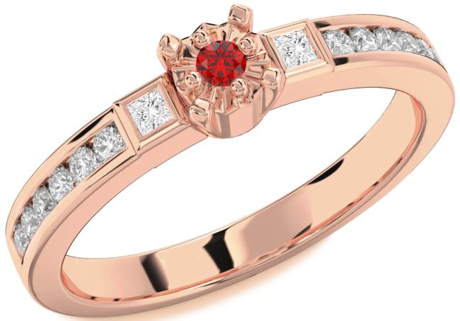 Diamond Ruby Rose Gold Round Three Stone Engagement Ring