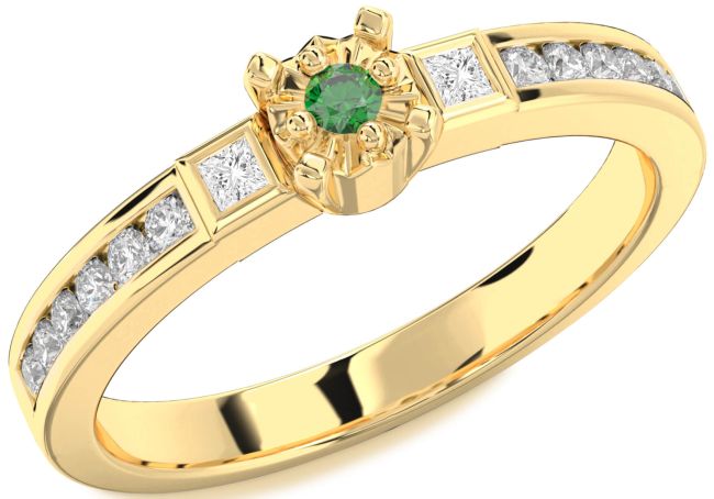 Diamond Emerald Gold Round Three Stone Engagement Ring