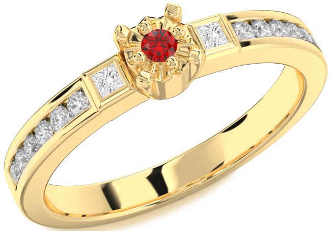 Diamond Ruby Gold Round Three Stone Engagement Ring