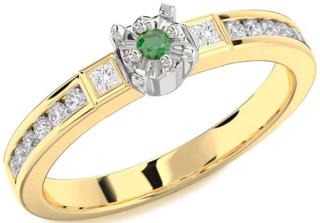 Diamond Emerald Gold Silver Round Three Stone Engagement Ring