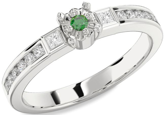 Diamond Emerald Silver Round Three Stone Engagement Ring