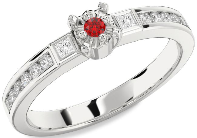 Diamond Ruby Silver Round Three Stone Engagement Ring