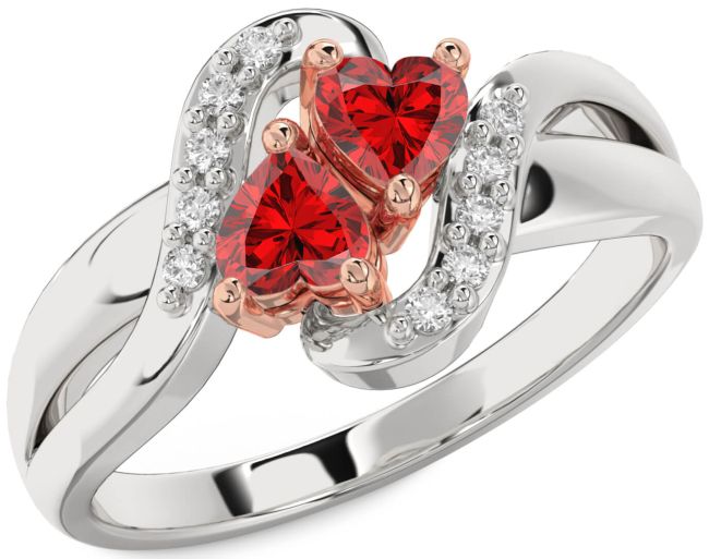 Diamond Ruby Rose Gold Silver Two Heart Birthstone Ring
