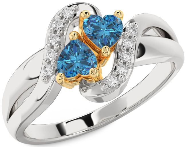 Blue Diamond Gold Silver Two Heart Ring