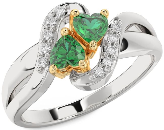 Diamond Emerald Gold Silver Two Heart Birthstone Ring