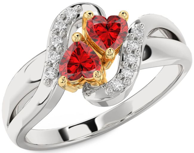 Diamond Ruby Gold Silver Two Heart Birthstone Ring