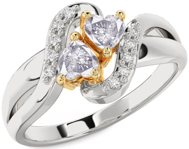 Salt & Pepper Diamond Gold Silver Two Heart Ring