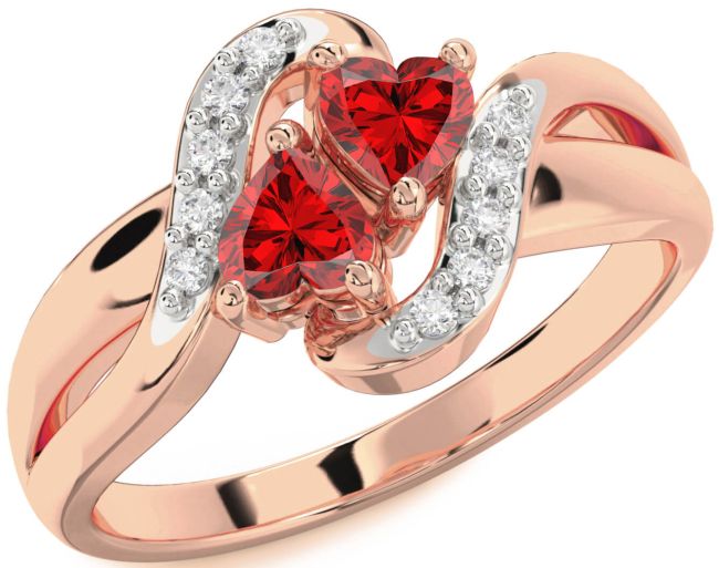 Diamond Ruby Rose Gold Two Heart Birthstone Ring