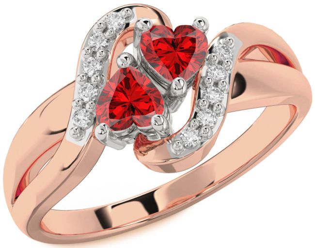 Diamond Ruby Rose Gold Silver Two Heart Birthstone Ring