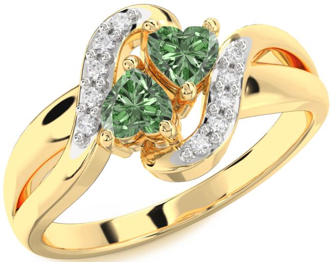 Green Diamond Gold Silver Two Heart Ring