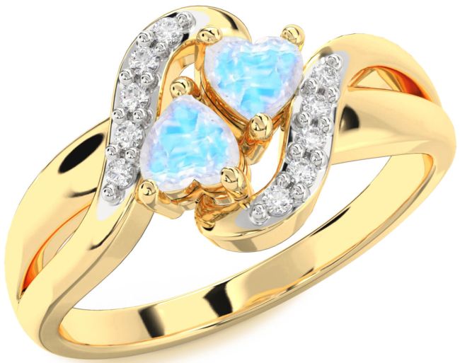 Diamond Moonstone Gold Silver Two Heart Ring