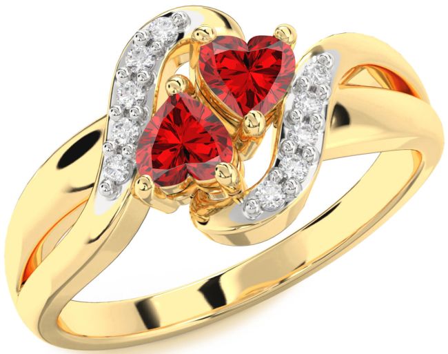 Diamond Ruby Gold Two Heart Birthstone Ring