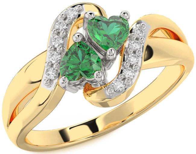 Diamond Emerald Gold Silver Two Heart Birthstone Ring