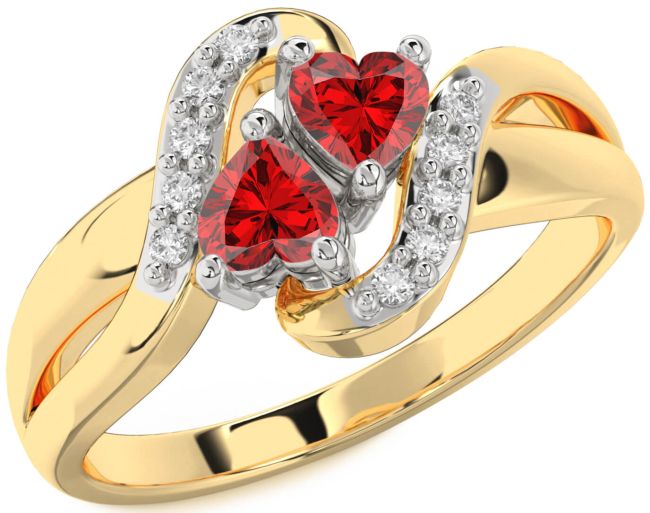 Diamond Ruby Gold Silver Two Heart Birthstone Ring