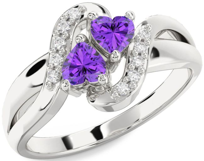 Diamond Amethyst Silver Two Heart Birthstone Ring