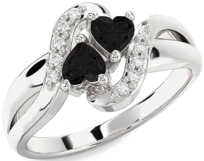 Black Diamond Silver Two Heart Ring