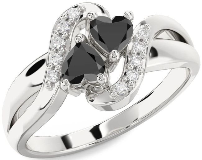 Diamond Black Onyx Silver Two Heart Ring