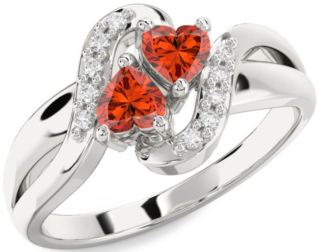 Diamond Fire Opal Silver Two Heart Ring