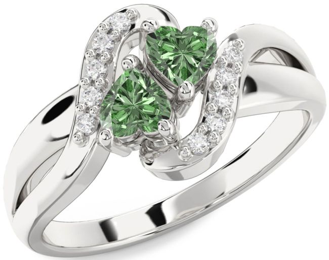 Green Diamond Silver Two Heart Ring