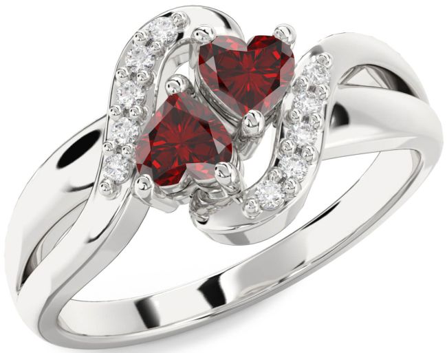 Diamond Garnet Silver Two Heart Birthstone Ring