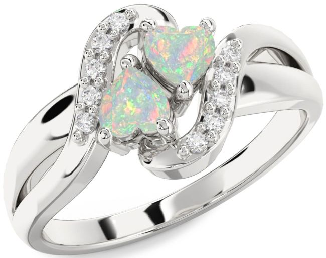Diamond Opal Silver Two Heart Birthstone Ring