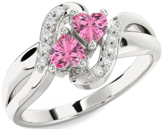 Diamond Pink Sapphire Silver Two Heart Ring