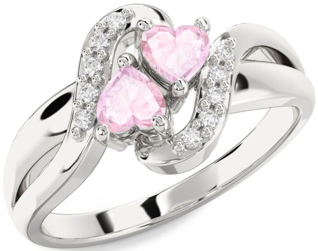 Diamond Rose Quartz Silver Two Heart Ring