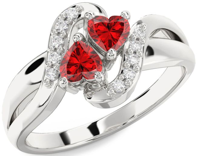 Diamond Ruby Silver Two Heart Birthstone Ring