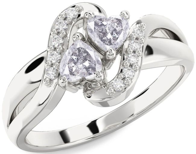 Salt & Pepper Diamond Silver Two Heart Ring
