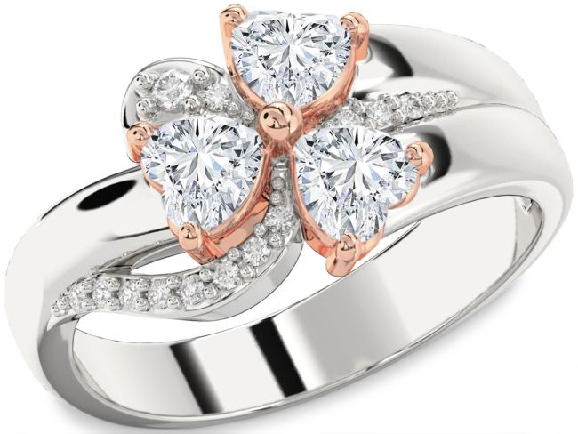 Diamond Platinum & Rose Gold Heart Flower Three Stone Ring