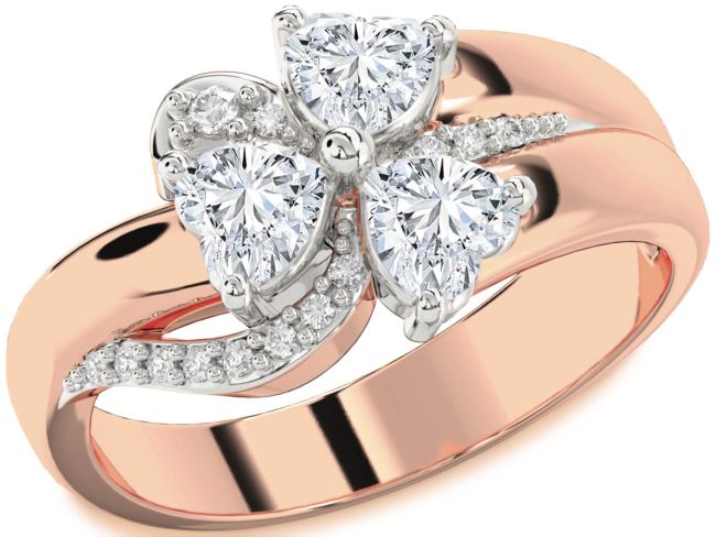 Diamond Rose Gold Silver Heart Flower Three Stone Ring