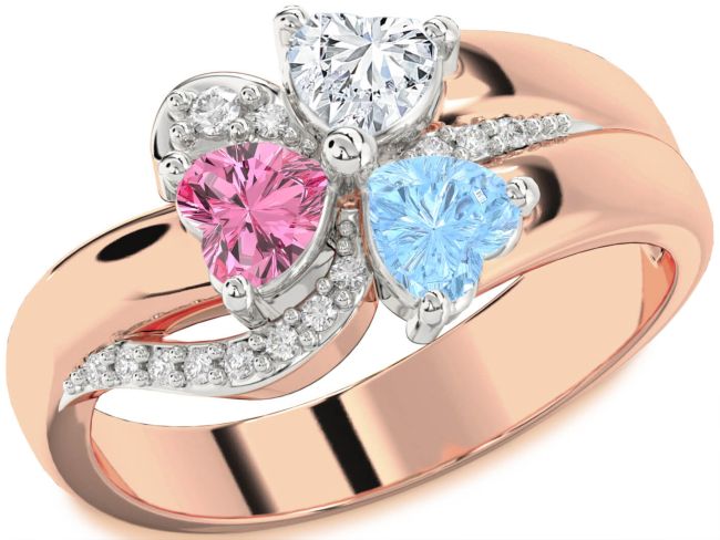 Diamond White Rose Gold Heart Flower Three Stone Mother's Ring