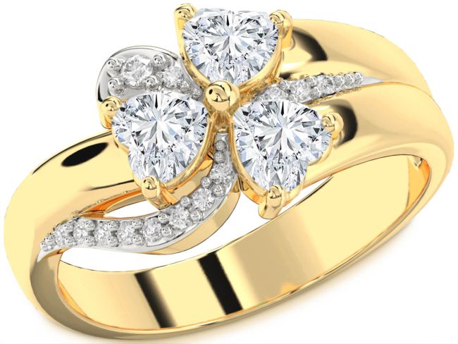 Diamond Gold Silver Heart Flower Three Stone Ring