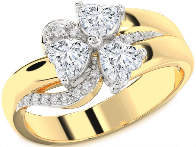 Diamond Gold Silver Heart Flower Three Stone Ring