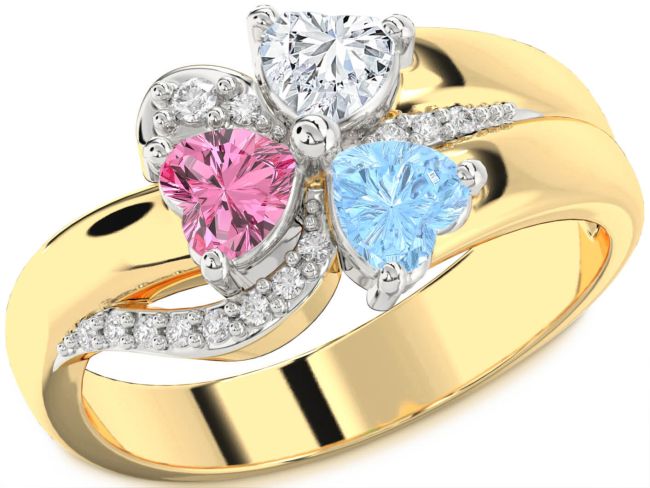 Diamond White Yellow Gold Heart Flower Three Stone Mother's Ring