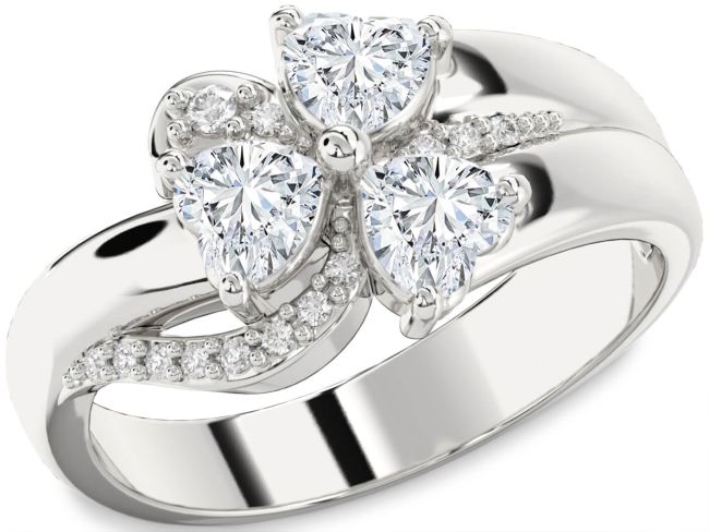Lab Diamond Silver Heart Flower Three Stone Ring