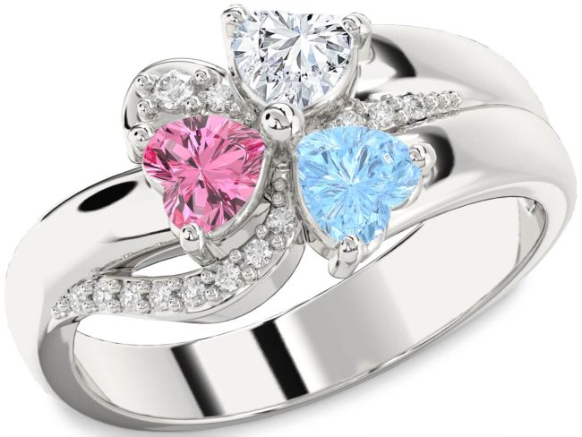 Diamond Platinum Heart Flower Three Stone Mother's Ring