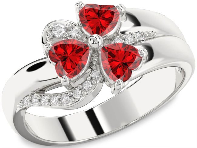 Diamond Ruby Silver Heart Flower Three Stone Birthstone Ring