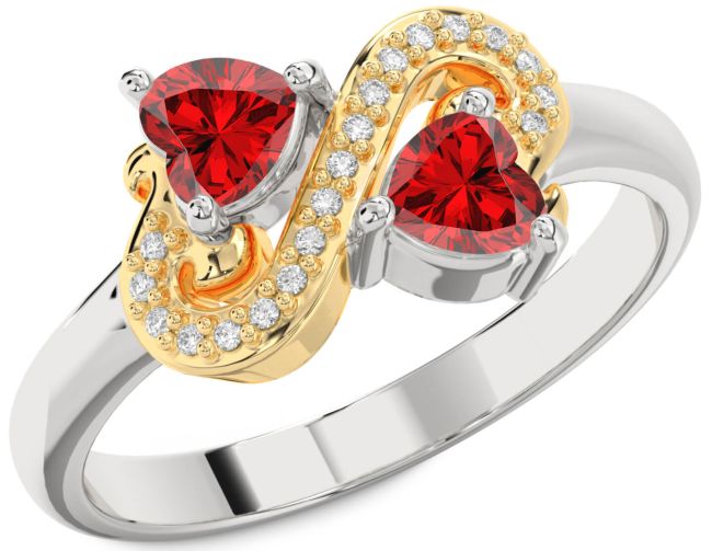 Diamond Ruby Gold Silver Two Heart Birthstone Ring