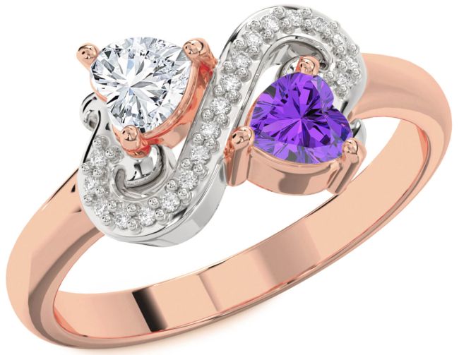 Diamond Rose Gold Silver Two Heart Promise Ring