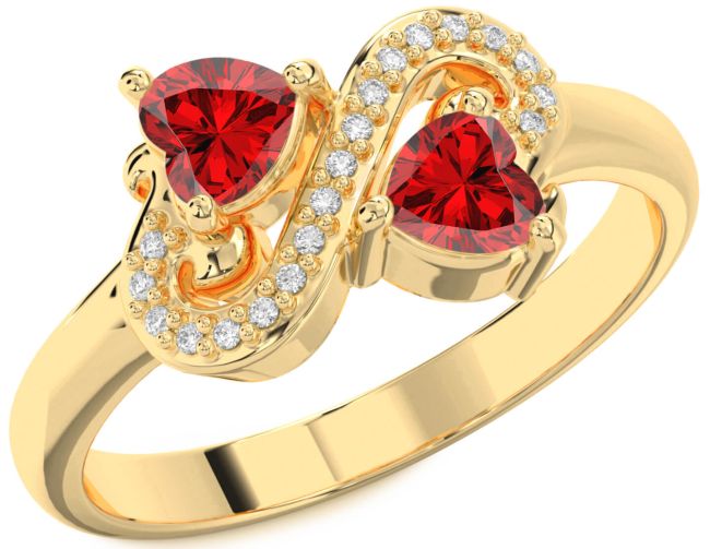 Diamond Ruby Gold Two Heart Birthstone Ring