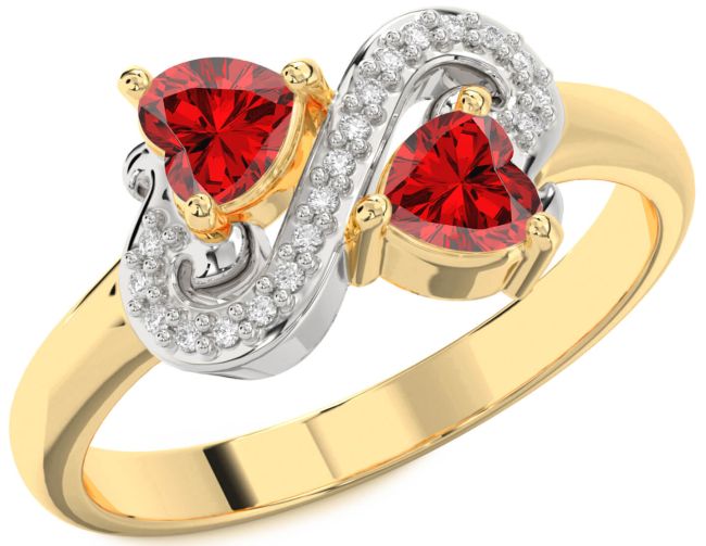 Diamond Ruby Gold Silver Two Heart Birthstone Ring