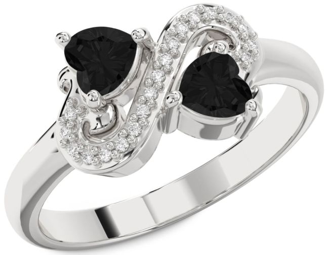 Black Diamond Silver Two Heart Ring