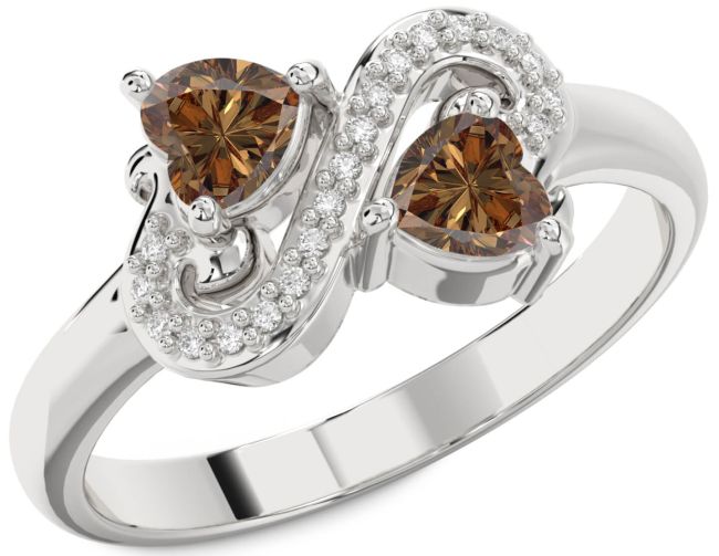 Chocolate Brown Diamond Silver Two Heart Ring
