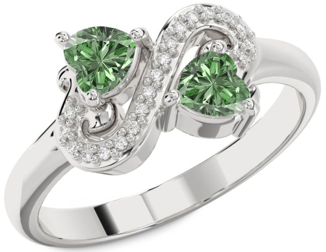 Green Diamond Silver Two Heart Ring