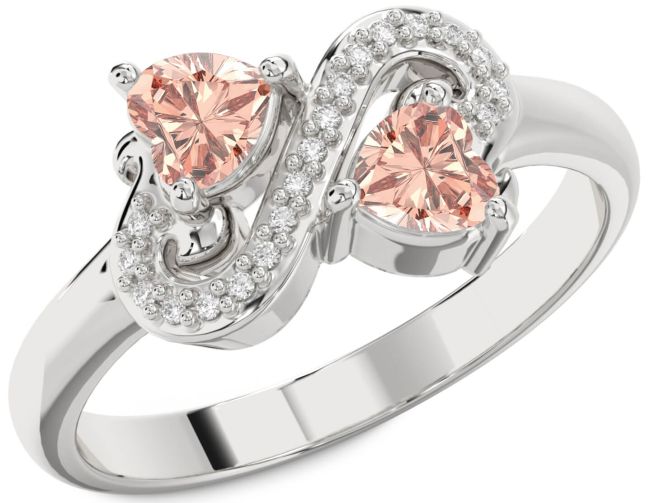 Diamond Morganite Silver Two Heart Ring